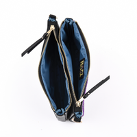 Overhead view of Rafi Nova Black Sapa Crossbody Bag. Black vegan leather bag with two overhead zip closure. Blue easy wipe interior.